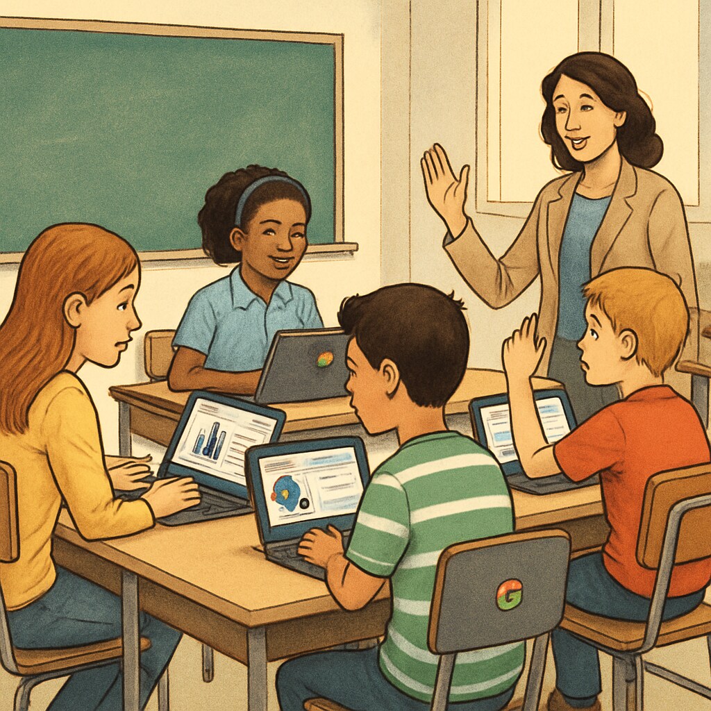 Students using Chromebooks in a classroom, illustrating the efficiency of education technology.