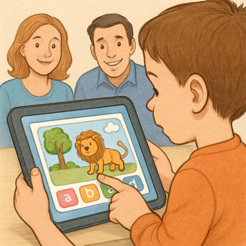 Child using a storybook app on a tablet, with parents watching.