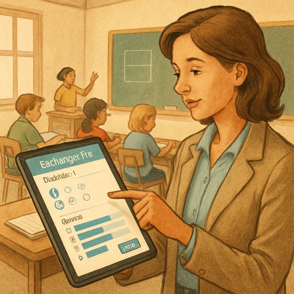 Teacher using EdChanger Pro education app for grading and lesson planning.