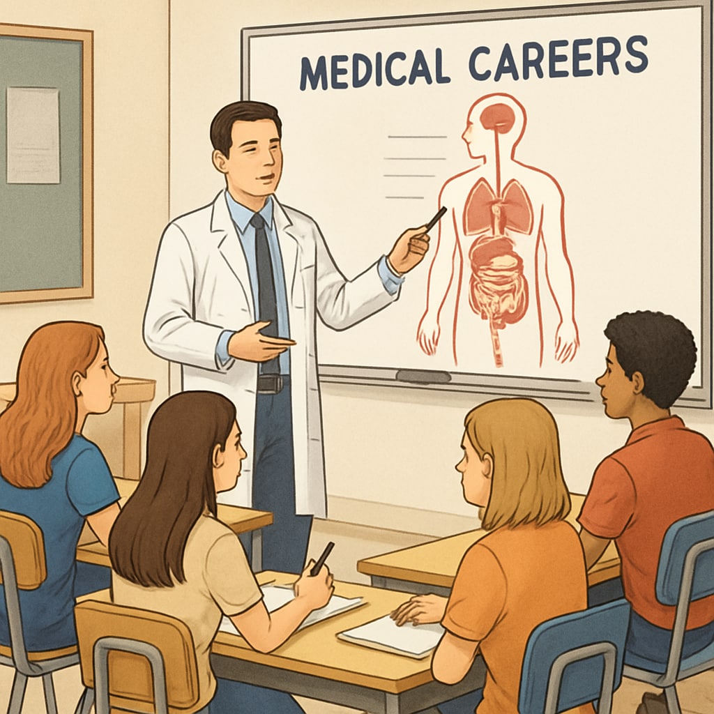 A group of high school students in a classroom, attentively listening to a doctor giving a presentation about medical careers. High school students learning about medical careers during a school project.