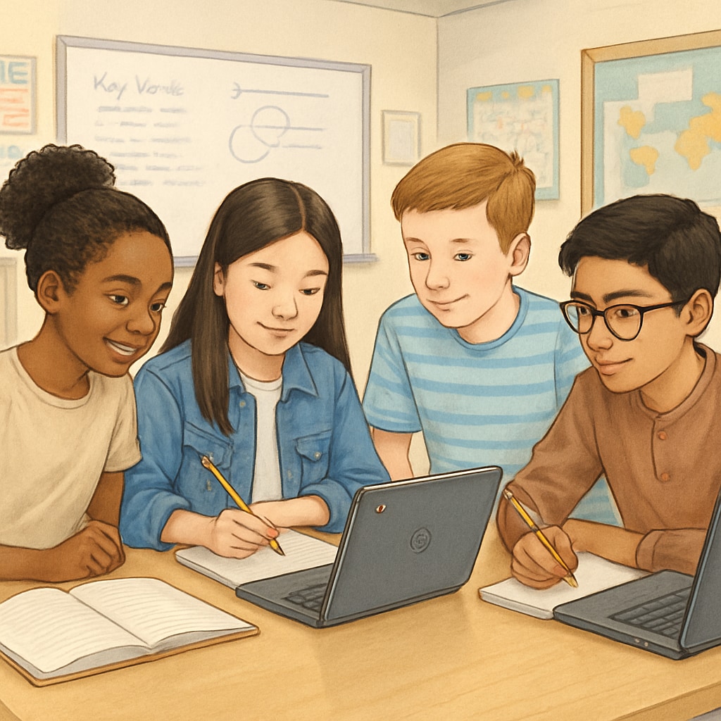 Students collaborating in a classroom, using both traditional and digital tools to balance efficiency with critical thinking.