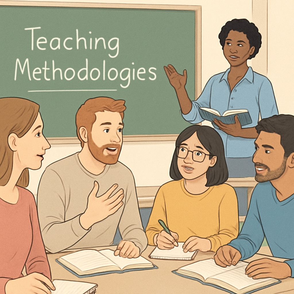 Students discussing teaching methodologies in a classroom setting.
