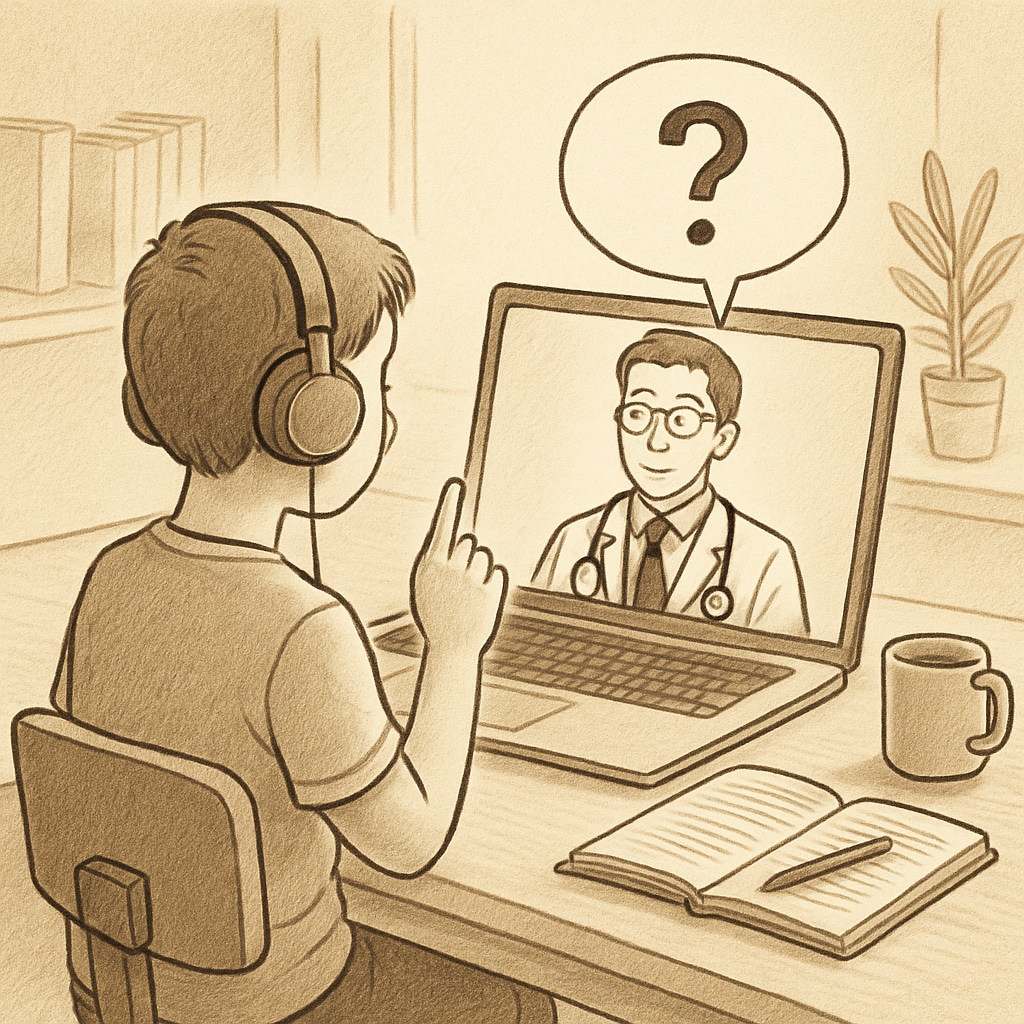 A student participating in a virtual Q&A session with a doctor, with a laptop and headphones on a home desk. A student engaging in a virtual medical career exploration project.