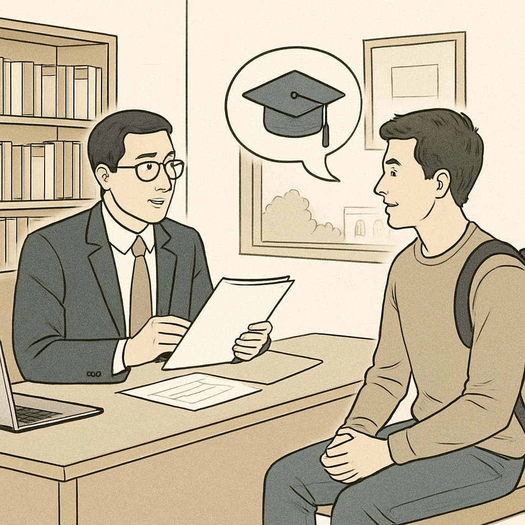 A professional advisor discussing graduate study plans with a student in an office setting. The advisor is holding documents, and the student looks engaged. Advisor discussing U.S. graduate study plans with a student.