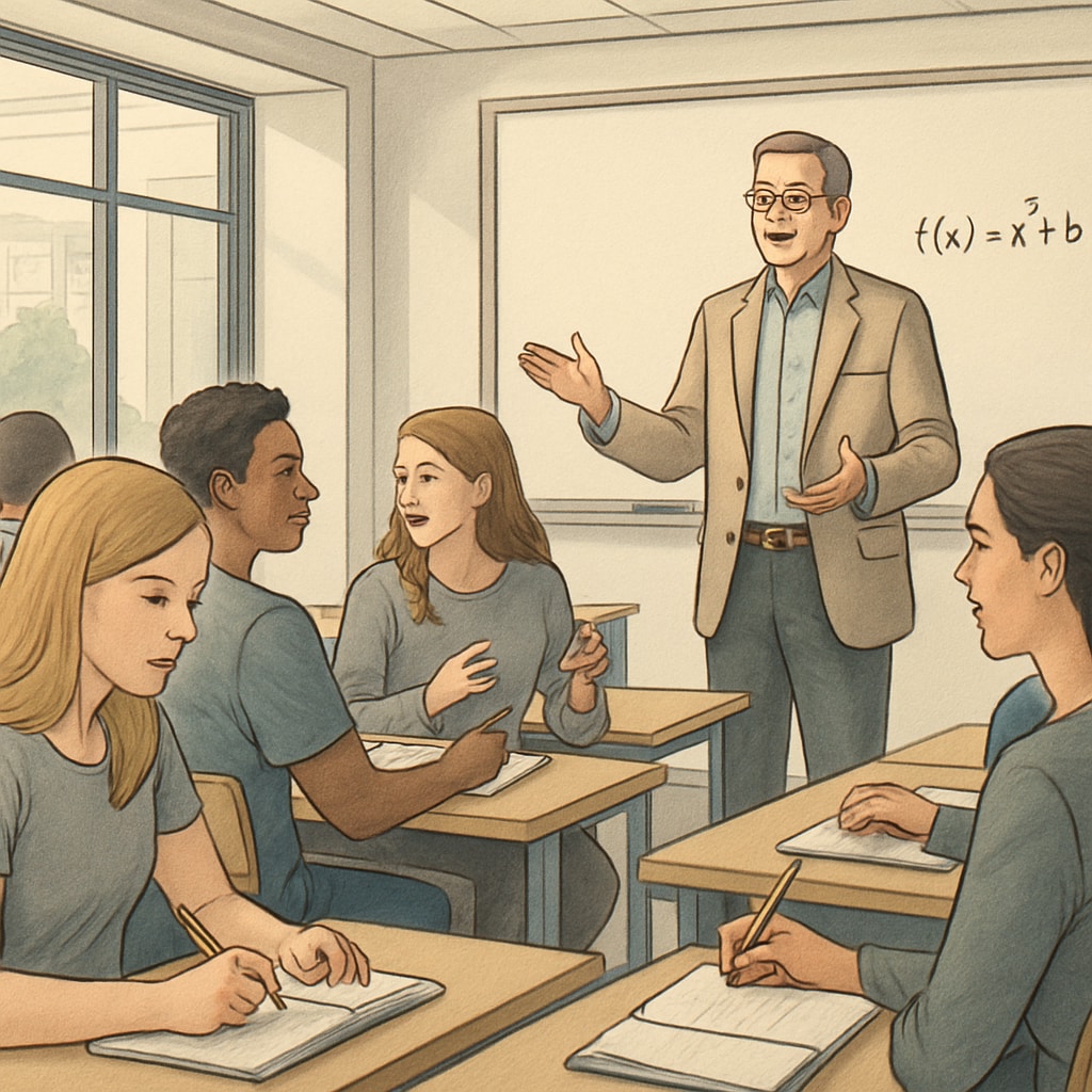 A professor teaching in a classroom with engaged students.