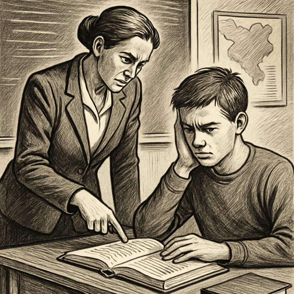 A teacher in a classroom intensely instructing a student, symbolizing extreme pressure in education. An intense teaching moment demonstrating the concept of extreme pressure in education, inspired by Whiplash.