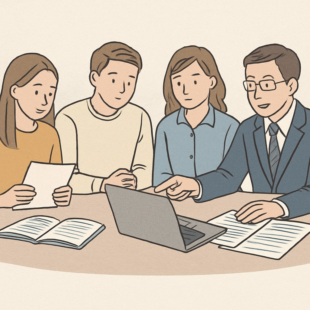 A group of students and a consultant reviewing application materials at a desk. The students appear focused, and the consultant is pointing at a laptop screen. Students and consultant reviewing application materials for U.S. graduate studies.