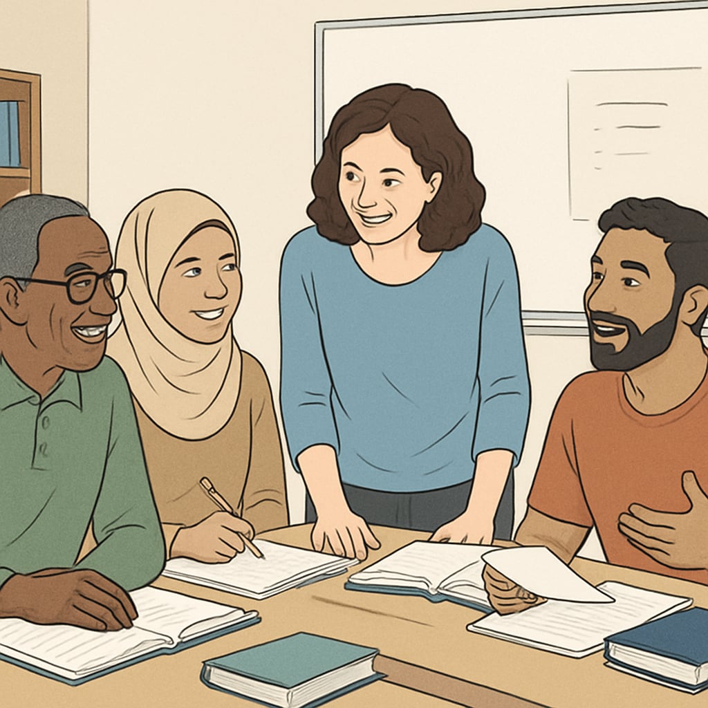 A diverse group of adult students collaborating in a classroom setting, symbolizing cultural adaptation and learning. Adult students collaborating in a classroom, representing cultural adaptation and learning.