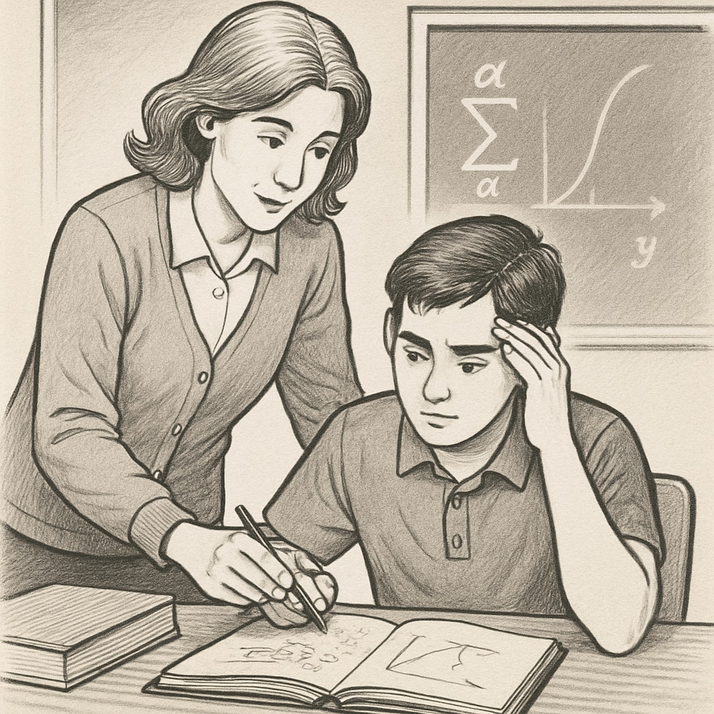 A supportive teacher guiding a student through a challenging task, symbolizing the balance between strictness and care. A teacher guiding a student, reflecting the balance between strictness and care in education.