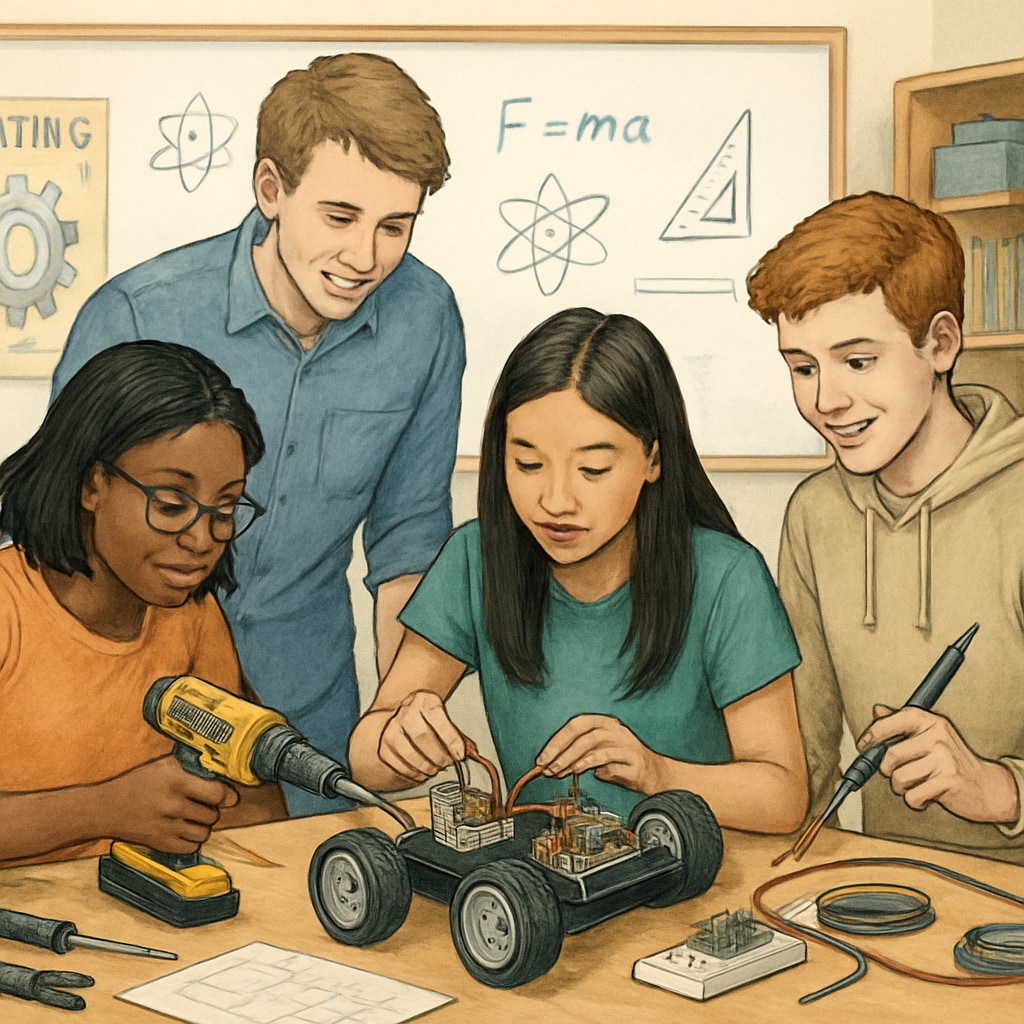 Students working on a collaborative STEM and technical project in a classroom setting High school students combining STEM and vocational skills in the classroom