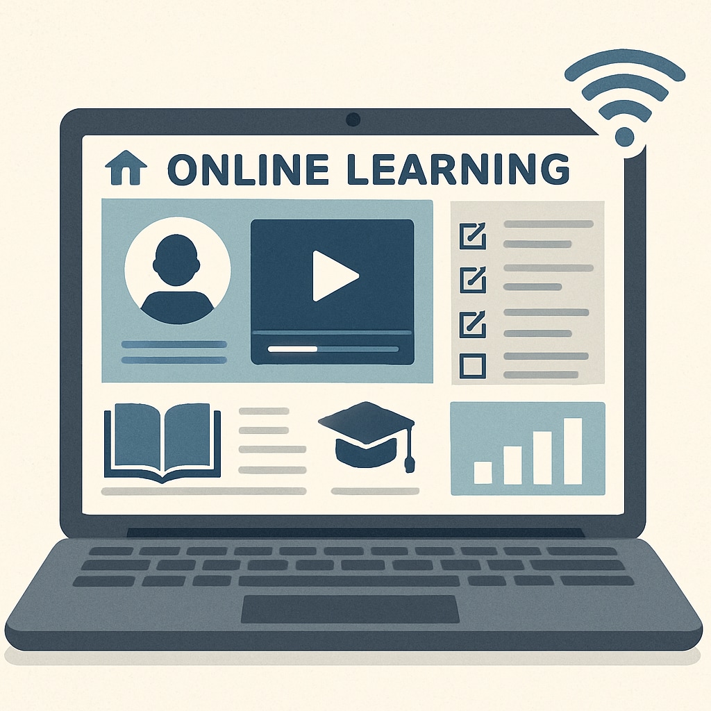 A laptop screen displaying an online learning platform, highlighting technology's role in adult education. Online learning platform displayed on a laptop, emphasizing adult education.