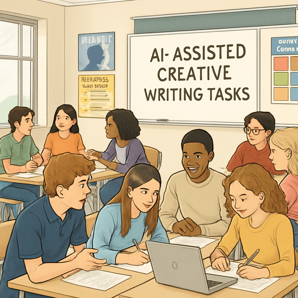 A high school classroom where students collaborate on AI-assisted creative writing tasks, with students engaged in discussions and brainstorming. Students using AI tools for creative writing in a high school classroom