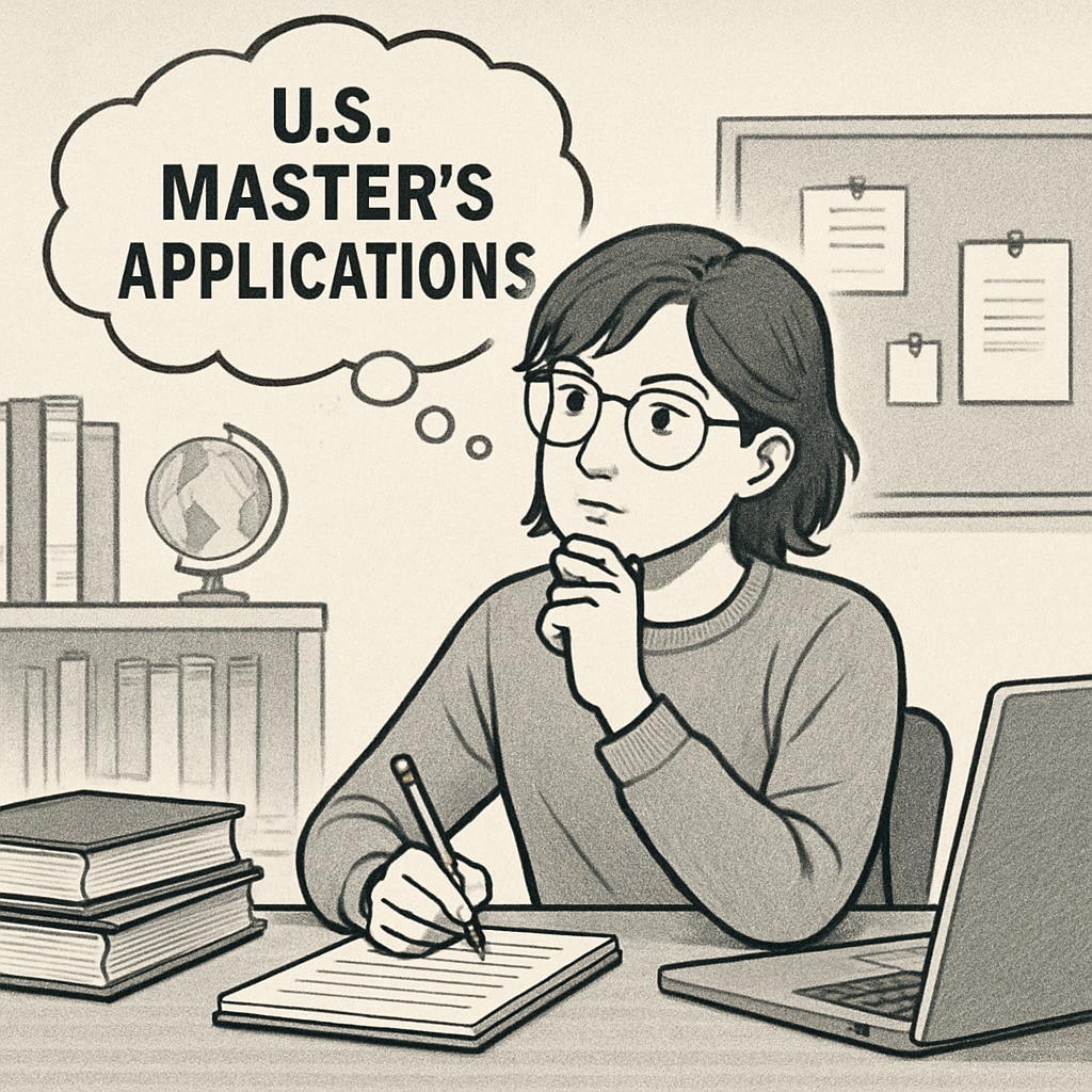 A young student with books and a laptop planning their academic future, symbolizing preparation for U.S. master's applications. Student preparing for U.S. master's applications with books and laptop.