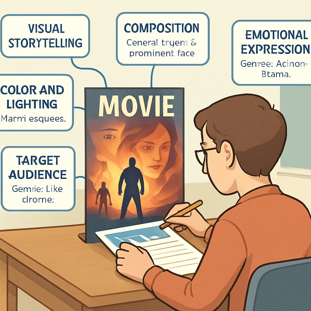A student analyzing a movie poster with AI-generated insights, highlighting visual storytelling techniques and audience understanding. Student evaluating a movie poster for visual storytelling with AI prompts