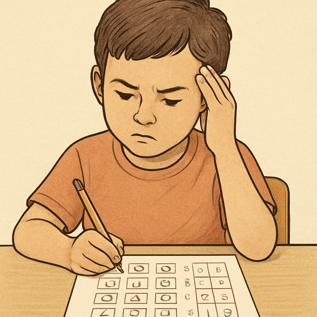 A child sitting at a desk while taking a standardized intelligence test, with focus on their thoughtful expression. Gifted child taking a standardized intelligence test, focused and thoughtful.