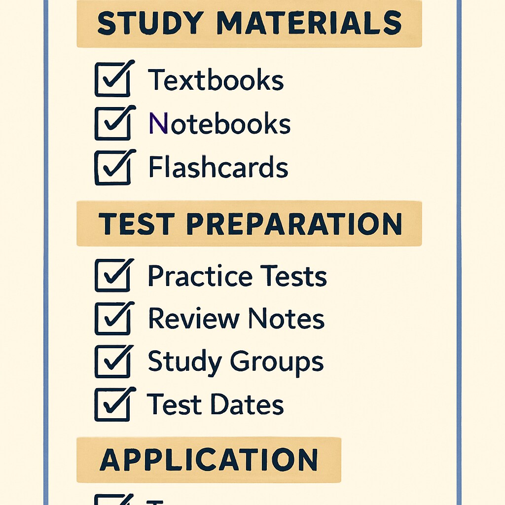 An organized checklist with study materials, highlighting preparation for standardized tests and application requirements. Checklist for U.S. master's application preparation, including study materials.