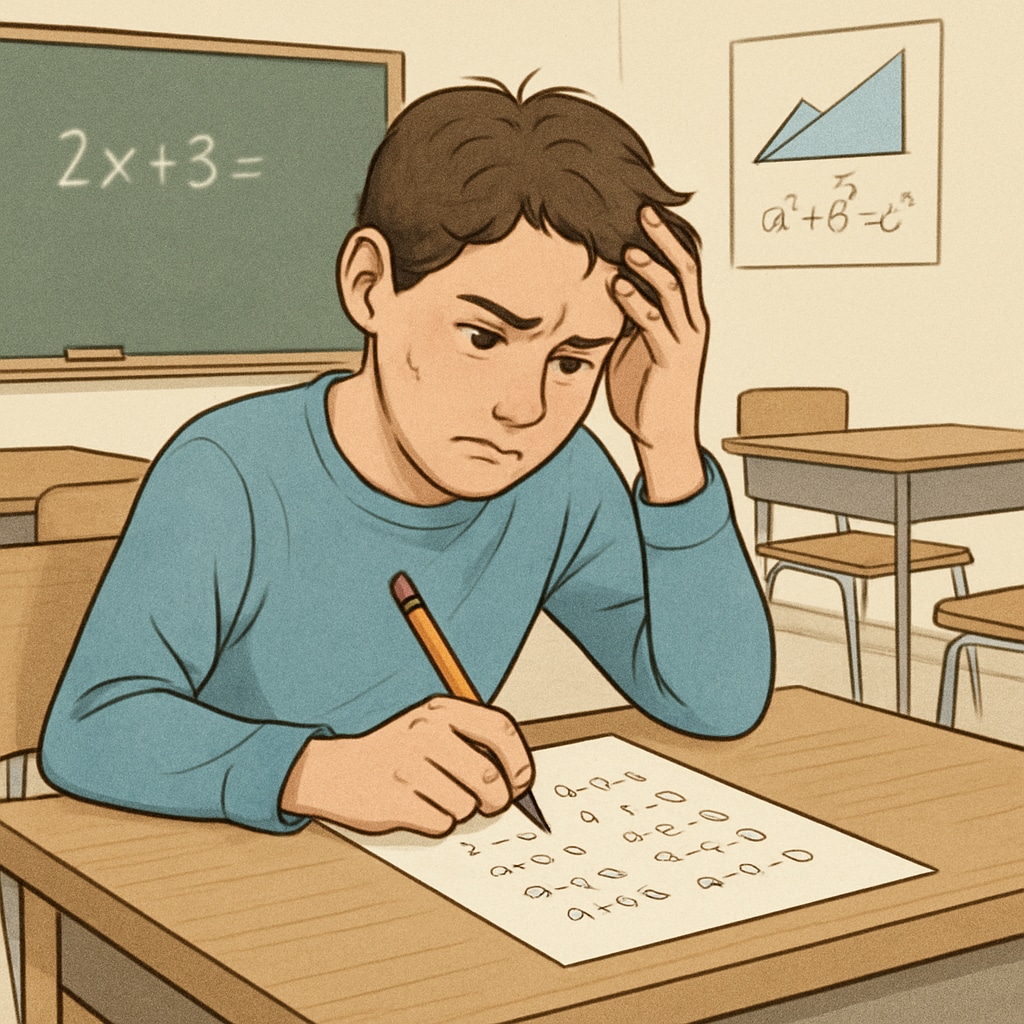 A student sitting at a desk, visibly stressed while taking a math exam, with multiple-choice questions in front of them. A student experiencing math anxiety during a multiple-choice exam.