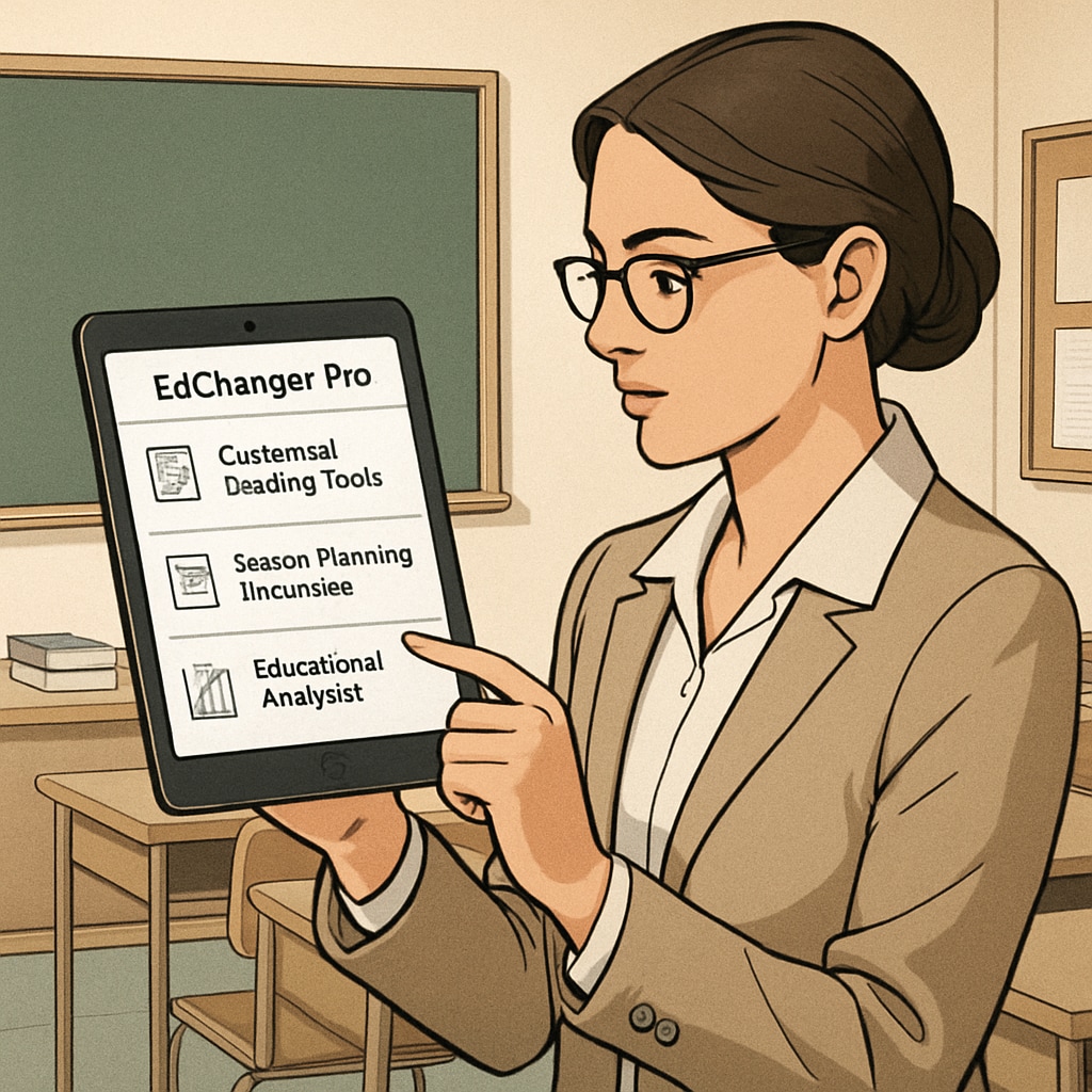 A teacher using EdChanger Pro on a tablet, with features like automated grading and lesson planning displayed on the screen. The image conveys how technology simplifies teacher workflows. Teacher using education tools on a tablet to improve teaching efficiency.