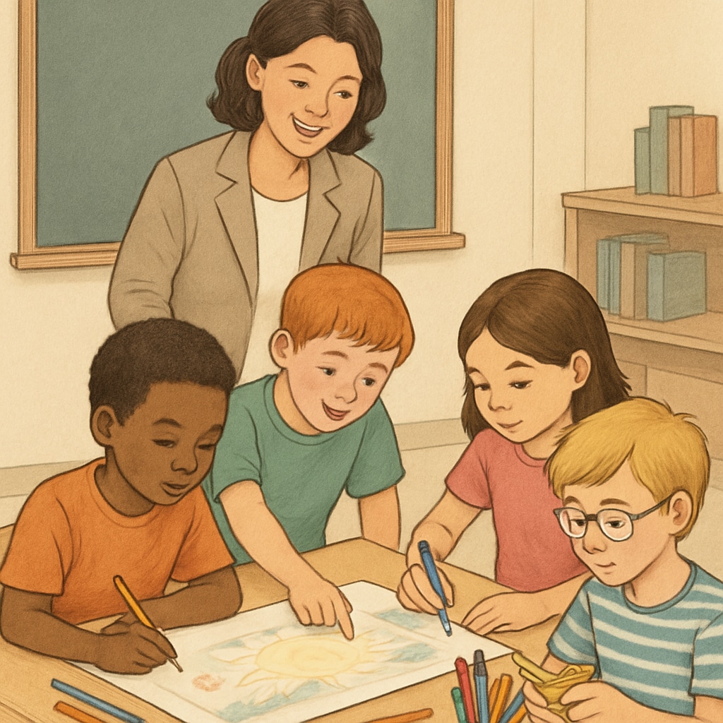A teacher observing a group of children working together on a creative project, emphasizing collaboration and individual strengths. Teacher observing gifted children during a creative group activity.
