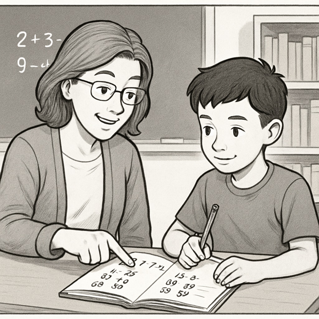 A teacher guiding a student through a practice multiple-choice math question, fostering confidence and understanding. Teacher helping a student overcome math anxiety with multiple-choice questions.