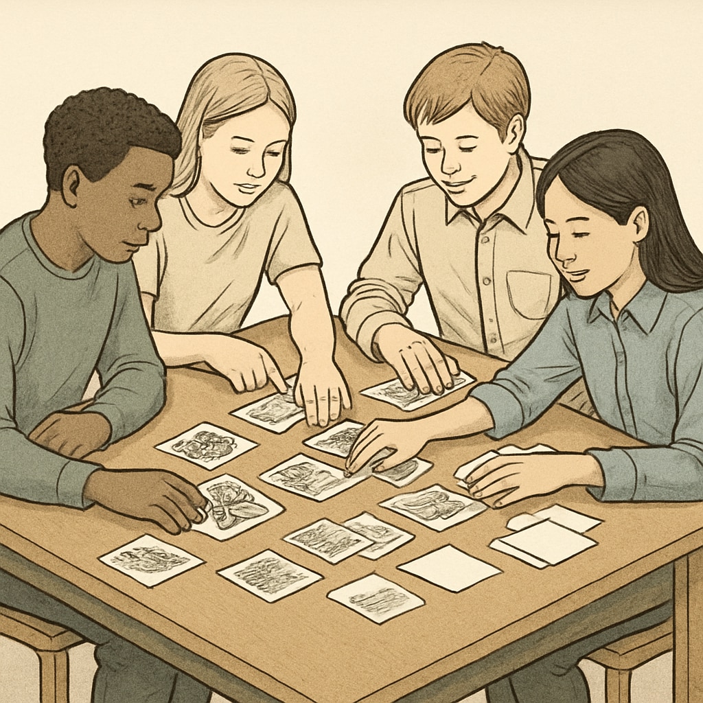 Students arranging Zoom/ReZoom activity cards on a table to learn teamwork and sequencing.