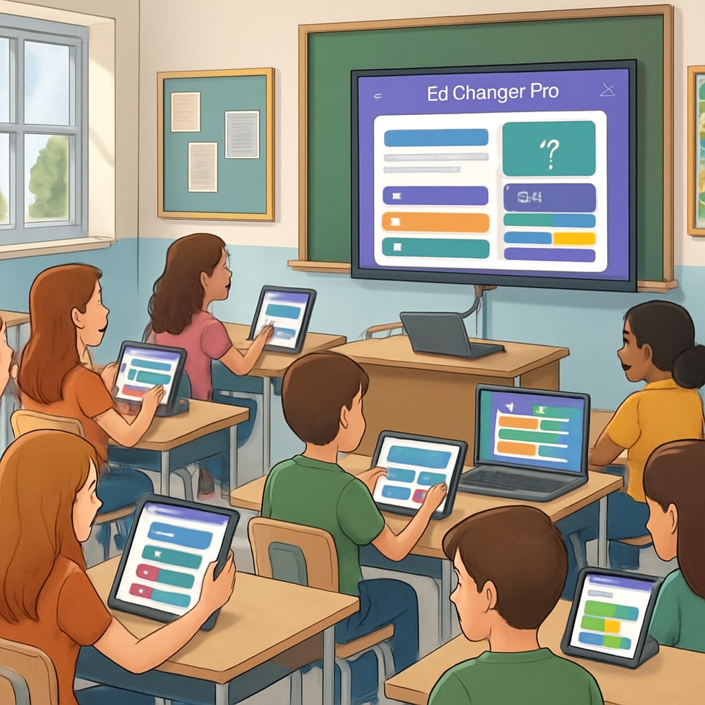 A classroom of students engaged in a gamified learning activity, with EdChanger Pro displayed on their devices. The image illustrates how the platform enhances student engagement. Students using tablets for gamified activities powered by EdChanger Pro.