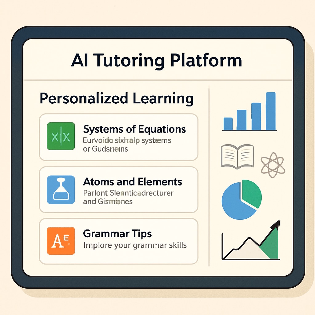 An AI-powered tutoring platform displaying personalized learning recommendations for K12 students, emphasizing tailored educational strategies. AI-powered tutoring platform for personalized learning in K12 education
