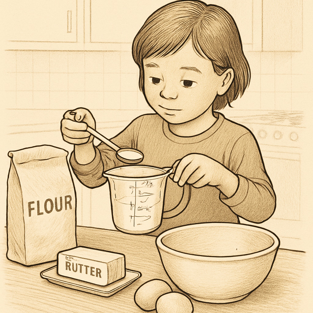 A child measuring ingredients while baking, demonstrating how math applies to real-life activities like cooking. Baking with math: A child measuring ingredients in the kitchen.