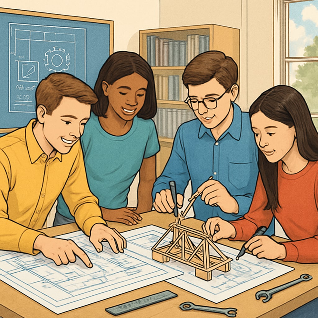 A group of students working collaboratively on an engineering project in a classroom, showcasing teamwork and design thinking. Students collaborating on an engineering design project in a classroom.