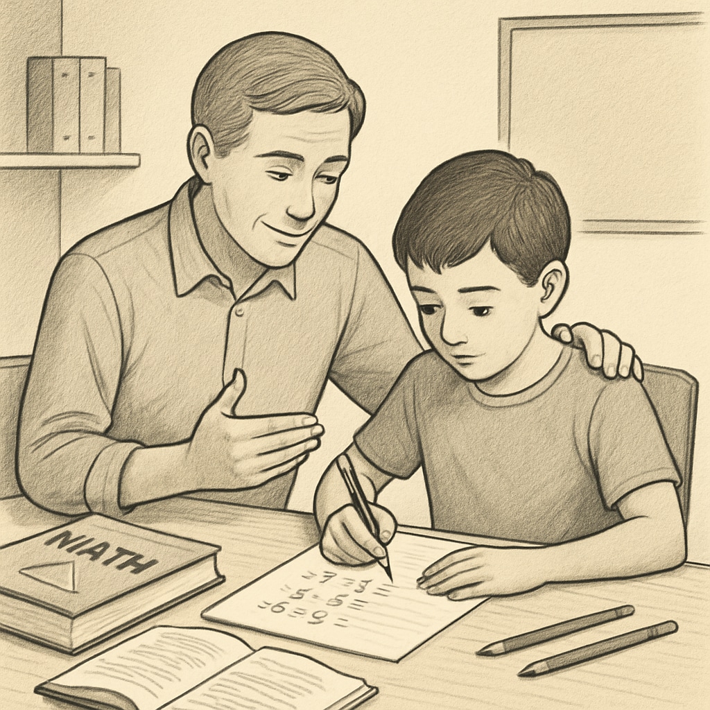 A parent encouraging their child as they solve math problems, promoting effort and understanding over perfection. Growth mindset in math: Parent supporting child during problem-solving.