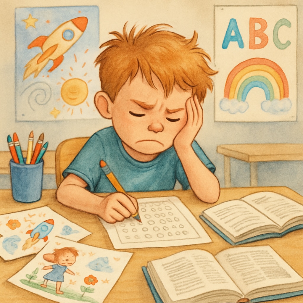 A child with ADHD sitting at a desk, surrounded by creative drawings and books, struggling with a standardized test. A child with ADHD struggling with standardized testing in a creative environment.