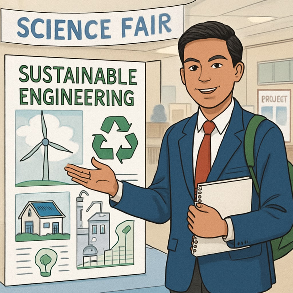 A high-school student presenting a sustainable engineering project during a science fair, emphasizing career-oriented education. High-school student showcasing a sustainable engineering project at a science fair.