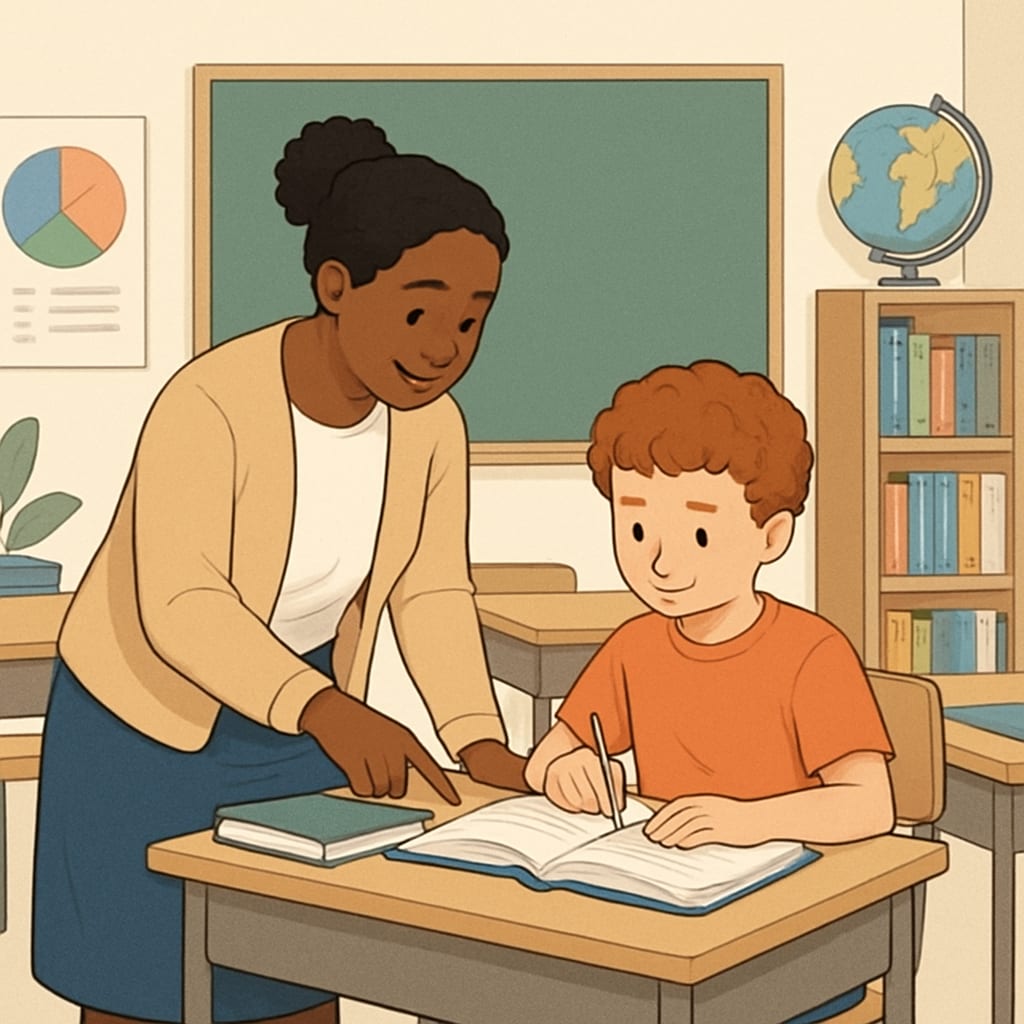 A diverse classroom setting where a teacher works one-on-one with a child, emphasizing individualized learning approaches. A teacher working with a twice-exceptional student in an inclusive classroom setting.