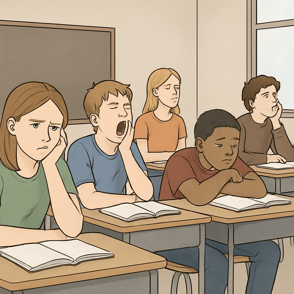 A classroom setting showing disengaged students, with several looking bored or distracted. The image should convey the atmosphere of disengagement and lack of focus. Disengaged students in a classroom setting, illustrating student boredom in education.