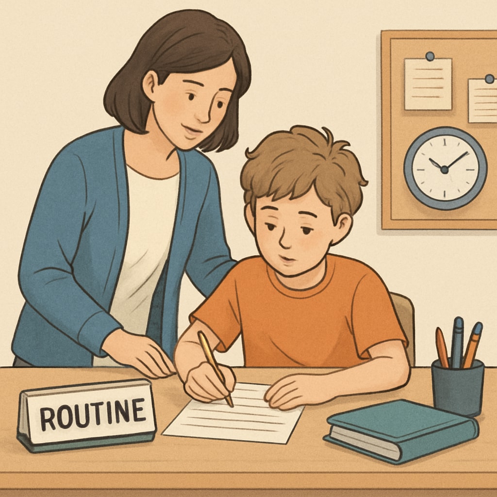 A child with ADHD working on a structured task with parental guidance. The image represents the importance of routines and practical strategies. A child with ADHD working on a structured task with parental guidance.