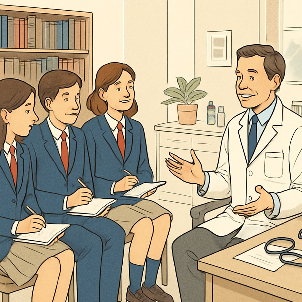 A group of high school students interviewing a physician in a professional setting. High school students conducting a medical career interview with a doctor.