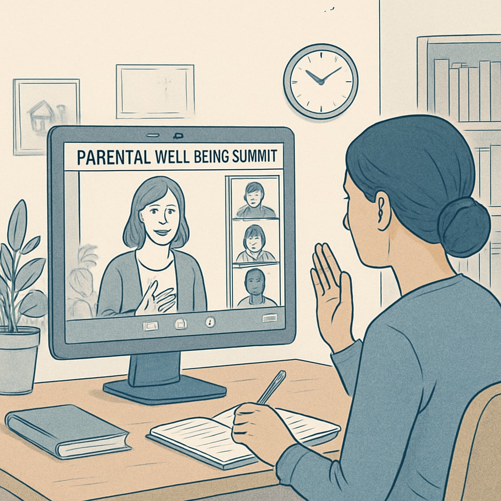 A parent participating in an online support session during the summit. The image highlights the summit’s focus on parental well-being. A parent participating in an online support session during the summit.