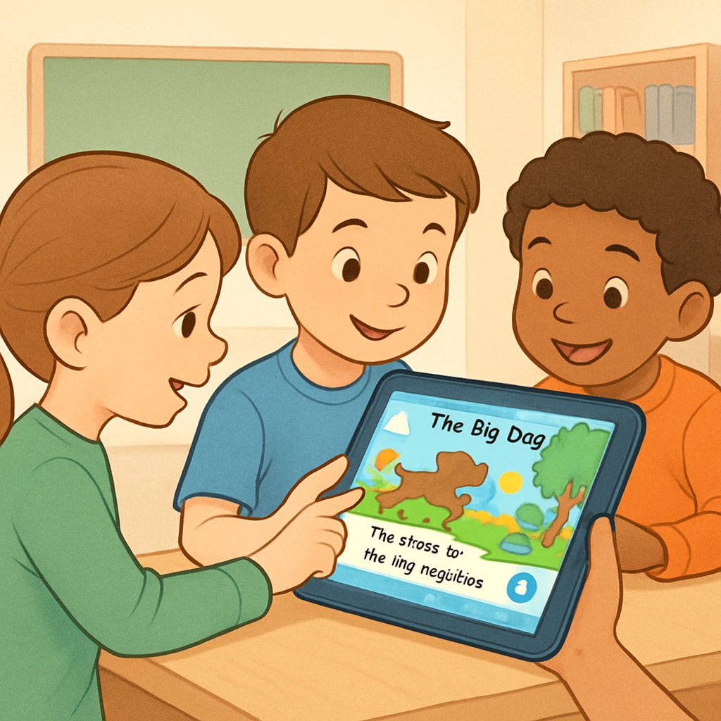 An illustration showing children using a tablet to interact with a colorful, educational reading app. The tablet screen displays a vibrant storybook interface with engaging animations. Children using a tablet to explore a children’s reading app on Android.