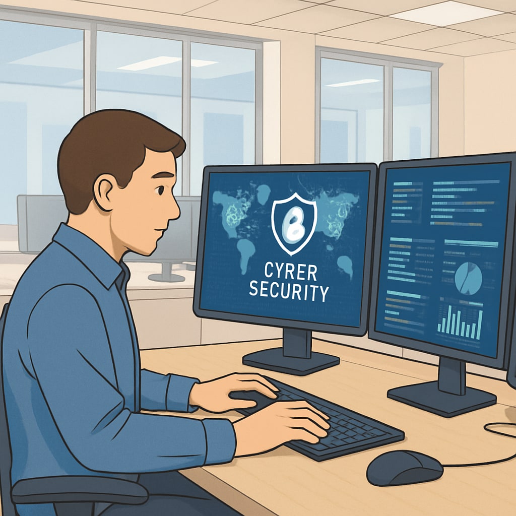 A professional cybersecurity analyst working on multiple screens in a modern office environment, showcasing hands-on skills. Cybersecurity analyst in an office, demonstrating practical skills over university reputation.