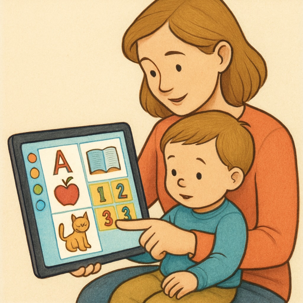 A young child sitting on a parent’s lap, exploring a colorful reading app on a tablet. The parent is pointing to the screen, guiding the child through the interactive features. Parent and child using an Android tablet with a children’s reading app.