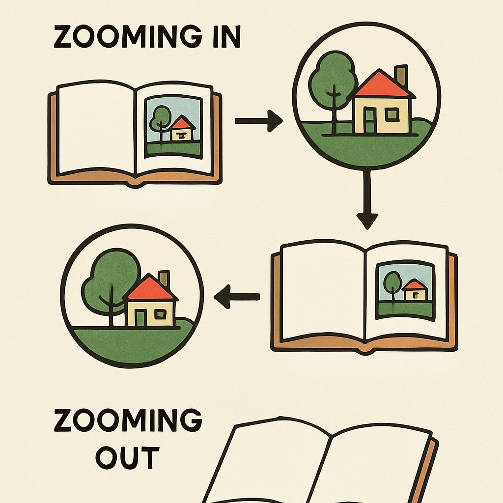A sequence of images demonstrating the zooming-in and zooming-out concept, emphasizing the interconnectedness of visuals in storytelling. Zoom and ReZoom activity images showing visual connections in storytelling.