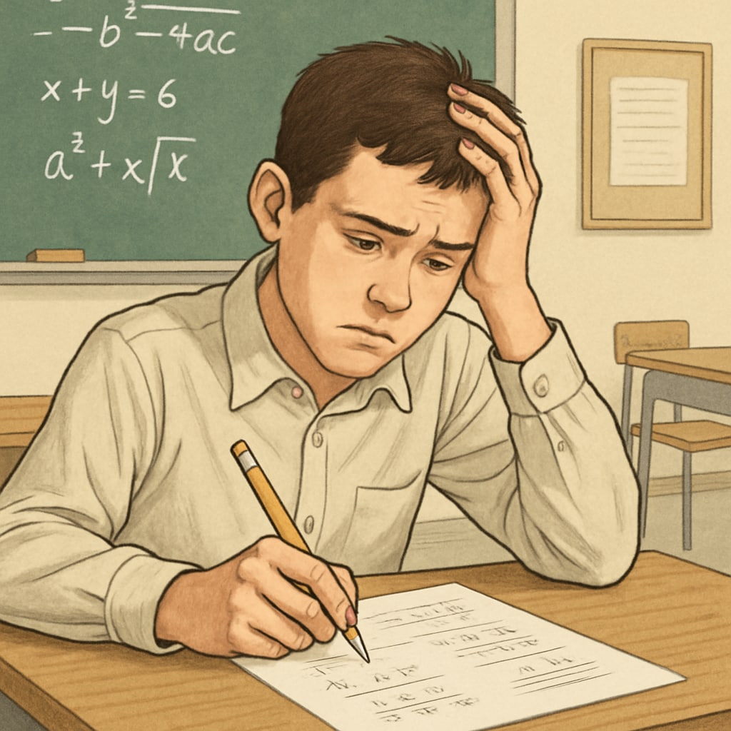 Math anxiety during exams, student stressed with test paper