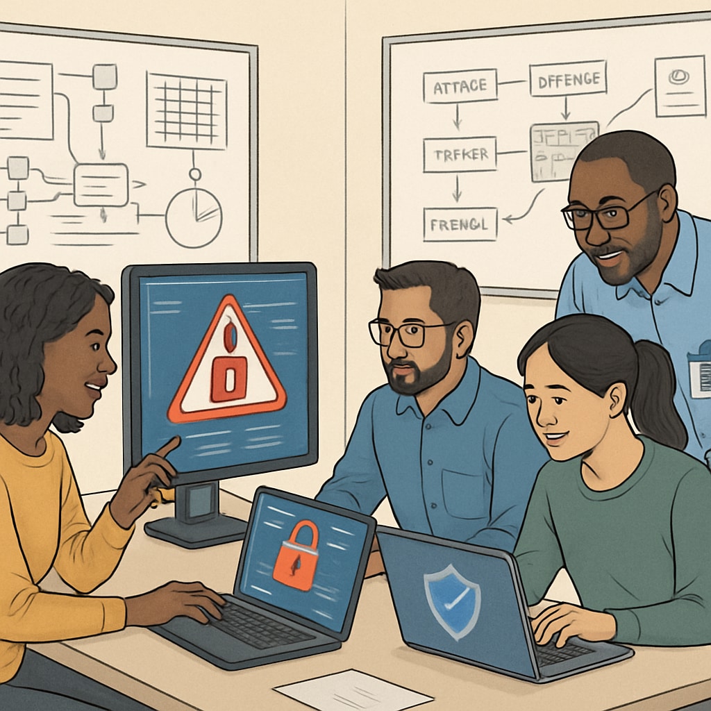 A diverse group of cybersecurity professionals collaborating during a workshop or simulation exercise, emphasizing teamwork and practical experience. Cybersecurity professionals collaborating, focusing on skills and experience in the field.