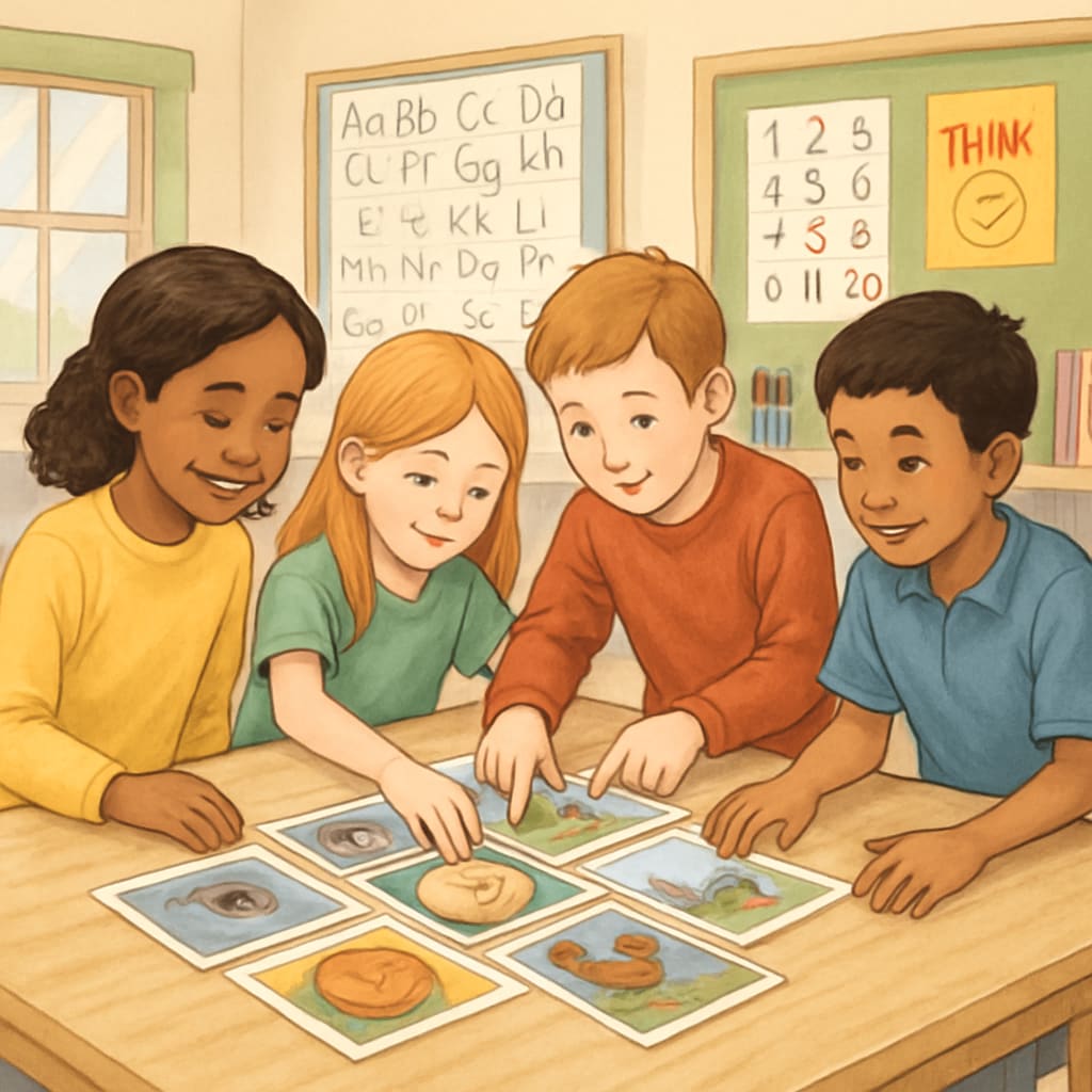 A classroom setting where students are collaboratively arranging images in a Zoom and ReZoom activity, fostering teamwork and creativity. Students working on Zoom and ReZoom activities in a classroom environment.