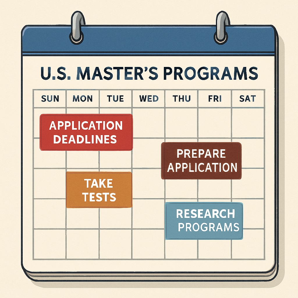 A calendar marked with important application deadlines and preparation milestones for U.S. master's programs. Calendar with marked deadlines and preparation milestones for U.S. master's applications