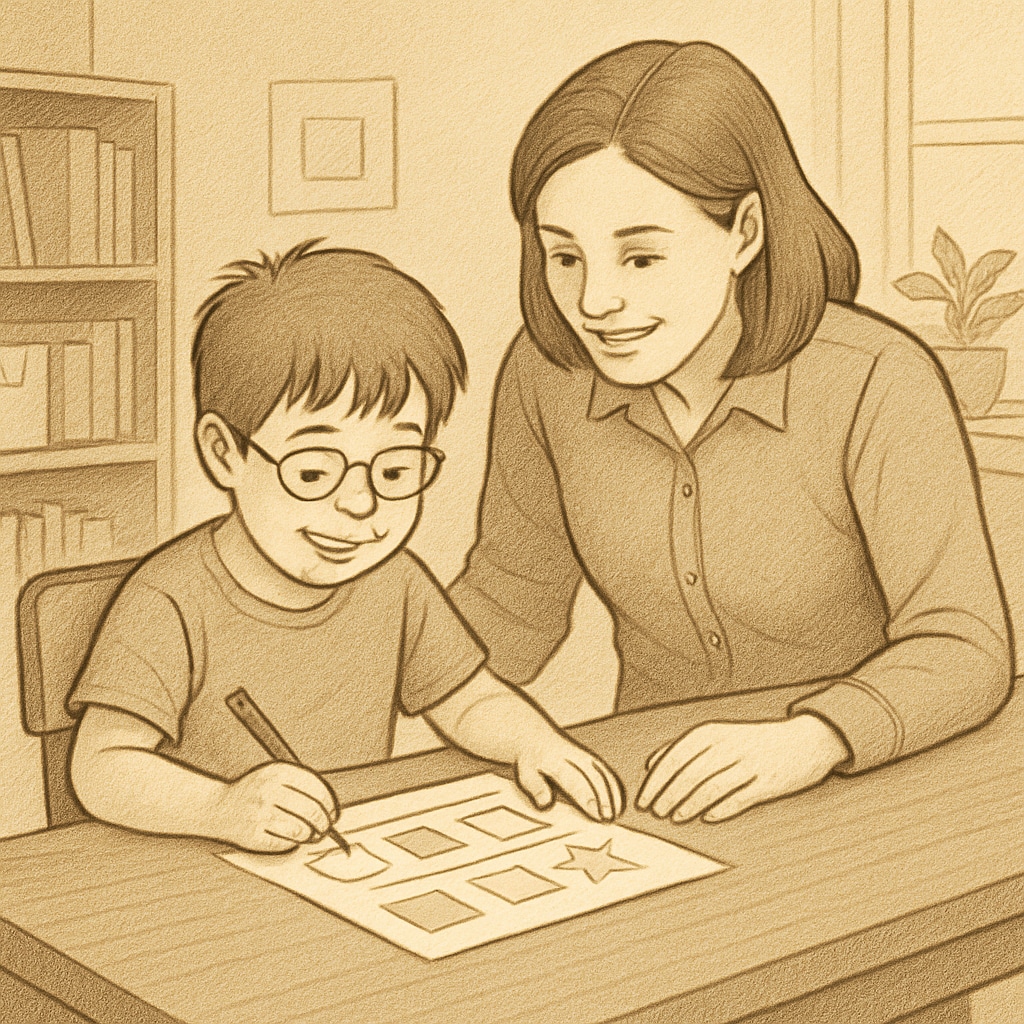 Child working on a structured activity with parental guidance, promoting executive function.