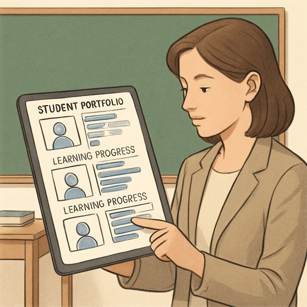 A teacher using digital portfolios to provide real-time feedback to students.