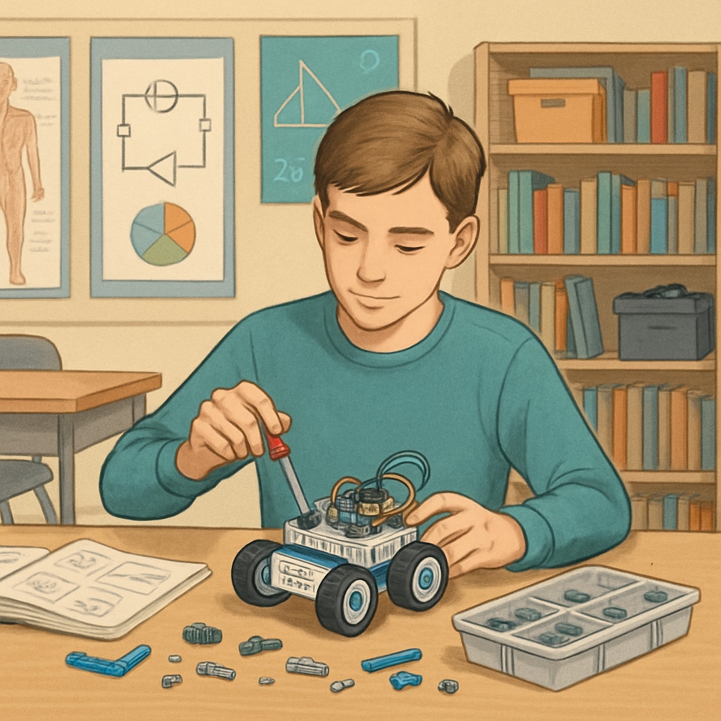 A high school student experimenting with a robotics kit in a classroom setting. K12 student working on robotics, representing early preparation for design engineering careers.