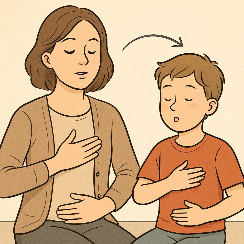 Parent teaching a child emotional regulation through breathing exercises.