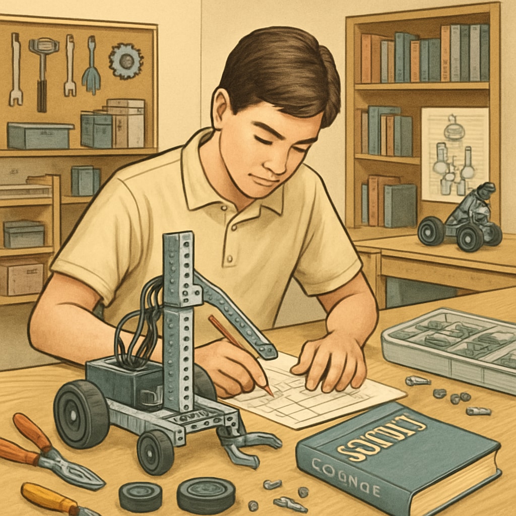 High school student working on robotics project, blending technical and academic learning.